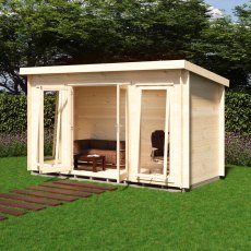 Shire Tilney 6x13 garden log cabin with open doors and furnished interior