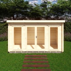 Front view of Shire Tilney 6x13 wooden log cabin with glazed double doors and windows