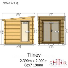 Shire Tilney 8x7 log cabin front and side elevation dimensions