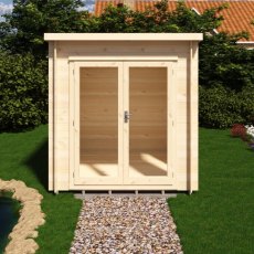 Front view of Shire Tilney 8x7 garden log cabin with glazed double doors