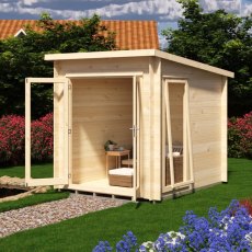 Shire Tilney 8x7 log cabin with open double doors showing garden room interior