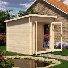 Side view of Shire Tilney 8x7 wooden log cabin with open glazed doors