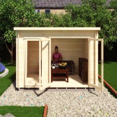 Shire Tilney 8x10 garden log cabin with open double doors showing furnished interior