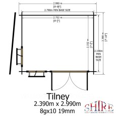 Shire Tilney 8x10 log cabin floor plan showing door position and internal dimensions