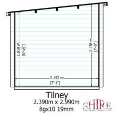 Shire Tilney 8x10 log cabin side elevation showing roof height and dimensions