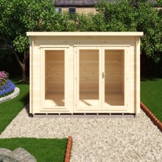 Front view of Shire Tilney 8x10 log cabin with glazed double doors and windows