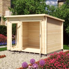 Side view of Shire Tilney 8x10 wooden garden log cabin with open doors