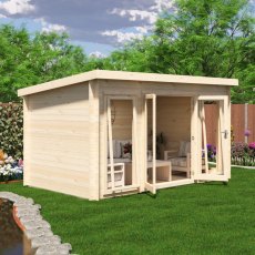 Side view of Shire Tilney 8x13 wooden log cabin with glazed doors and windows
