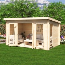 Shire Tilney 8x13 log cabin with open double doors showing furnished garden room interior