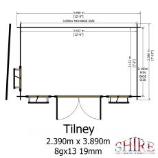 Shire Tilney 8x13 log cabin floor plan showing double door position and internal dimensions