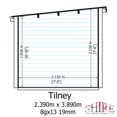 Shire Tilney 8x13 log cabin side elevation showing roof height and dimensions