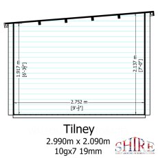 Shire Tilney 10x7 log cabin side elevation showing roof height and dimensions