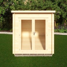 Front view of Shire Tilney 10x7 wooden log cabin with glazed double doors