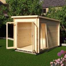 Shire Tilney 10x7 log cabin with open glazed double doors showing interior space