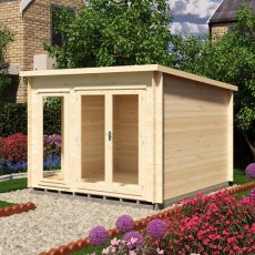 Side view of Shire Tilney 10x10 wooden log cabin with glazed double doors