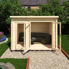 Shire Tilney 10x10 log cabin with double doors open showing spacious interior