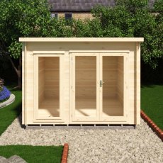 Front view of Shire Tilney 10x10 wooden log cabin with glazed double doors