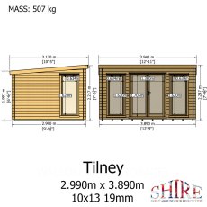 Shire Tilney 13x10 log cabin front and side elevation dimensions