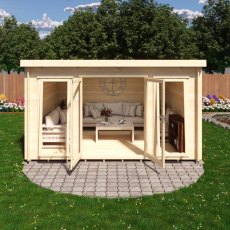 Shire Tilney 13x10 garden log cabin with open double doors showing furnished interior