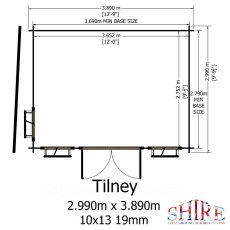 Shire Tilney 13x10 log cabin floor plan showing door position and internal dimensions