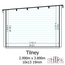 Shire Tilney 13x10 log cabin side elevation showing roof height and dimensions