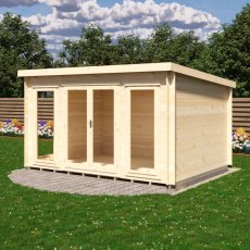 Side view of Shire Tilney 13x10 wooden garden log cabin with glazed double doors