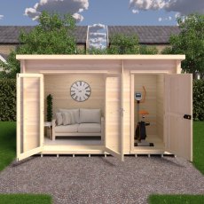 Shire Walsoken 6x12 Log Cabin - Direct front view with open doors showing garden office and exercise bike storage setup