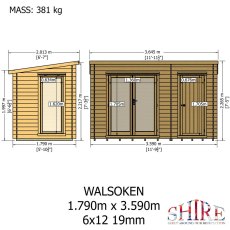 Shire Walsoken 6x12 Log Cabin Technical Drawing - Front and side elevation specs (1.790m x 3.590m)