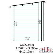 Shire Walsoken 6x12 Log Cabin Dimensions Diagram - Wall thickness (19mm) and roof pitch height specifications