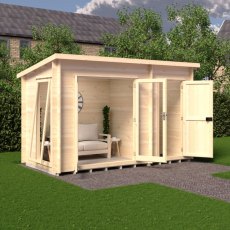 Shire Walsoken 6x12 Log Cabin Shed Combo - Angled front view with main double doors and side store door open