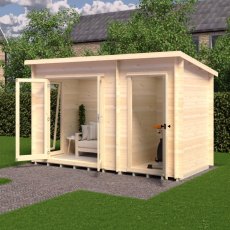 Shire Walsoken 6x12 Garden Log Cabin - Angled view with double glass doors open showing interior seating area