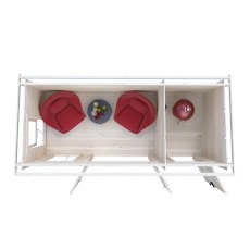 Shire Walsoken 6x14 Log Cabin - Overhead floor plan showing red armchair seating area and integrated side storage room