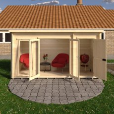 Shire Walsoken 6x14 Log Cabin - Front view with doors open showing garden office armchairs and equipment storage setup