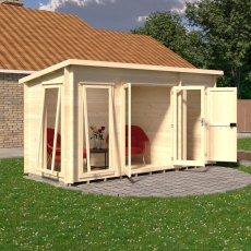Shire Walsoken 6x14 Garden Log Cabin - Angled view with glass double doors open showing red armchair seating and side store access