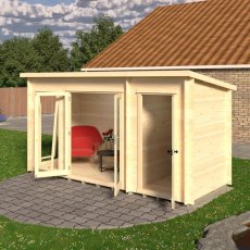 Shire Walsoken 6x14 Log Cabin Shed Combo - Angled front view with double glass doors open showing furnished interior room