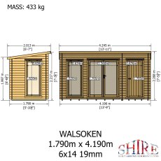 Shire Walsoken 6x14 Log Cabin Technical Drawing - Front and side elevation specs (1.790m x 4.190m)