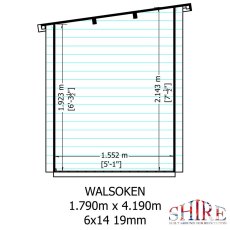 Shire Walsoken 6x14 Log Cabin Dimensions Diagram - Wall thickness (19mm) and pent roof pitch specifications