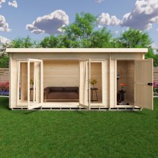 Shire Walsoken 6x17 Log Cabin - Direct front view with open doors showing living area with sofa and exercise equipment setup
