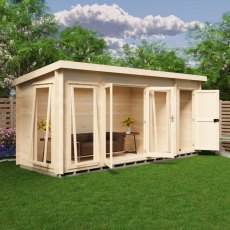 Shire Walsoken 6x17 Garden Log Cabin - Angled view with double glass doors open showing dark sofa seating interior and store access