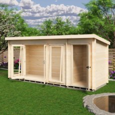 Shire Walsoken 6x17 Log Cabin Shed Combo - Angled front view with double glass doors and solid store door closed