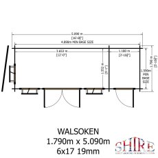 Shire Walsoken 6x17 Log Cabin Blueprint - Floor plan measurements and door entry dimensions