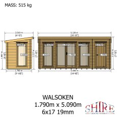 Shire Walsoken 6x17 Log Cabin Technical Drawing - Front and side elevation specs (1.790m x 5.090m)