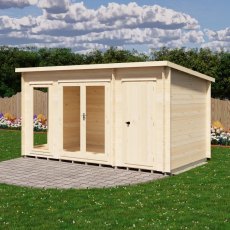 Shire Walsoken 8x14 Log Cabin Shed Combo - Angled front view with closed glass windows and solid store door