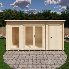 Shire Walsoken 8x14 Timber Log Cabin with Store - Direct front view on paved patio