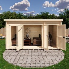 Shire Walsoken 8x14 Log Cabin - Direct front view with open doors showing living room furniture and side store equipment layout