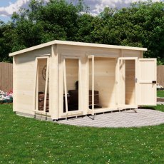 Shire Walsoken 8x14 Garden Log Cabin - Angled view with double glass doors open showing armchair seating interior and store access