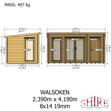 Shire Walsoken 8x14 Log Cabin Technical Drawing - Front and side elevation specs (2.390m x 4.190m)