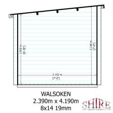 Shire Walsoken 8x14 Log Cabin Dimensions Diagram - Wall thickness (19mm) and pent roof pitch specifications