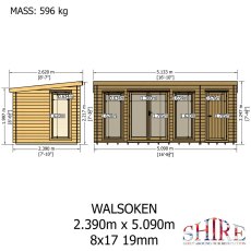 Shire Walsoken 8x17 Log Cabin Technical Drawing - Front and side elevation specs (2.390m x 5.090m)
