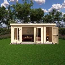 Shire Walsoken 8x17 Log Cabin - Direct front view with open doors showing spacious living room and side store setup